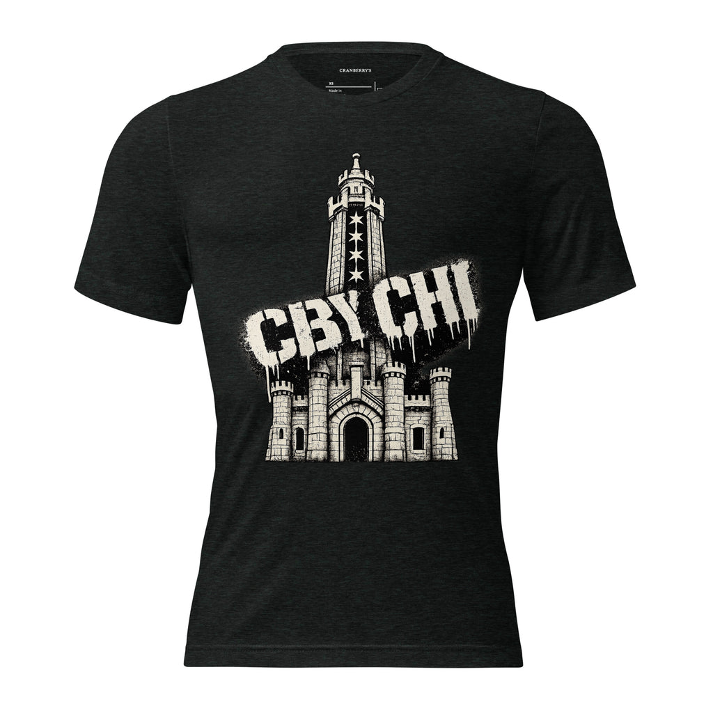 CBY CHI Chicago Water Tower tee in charcoal-black triblend, front view