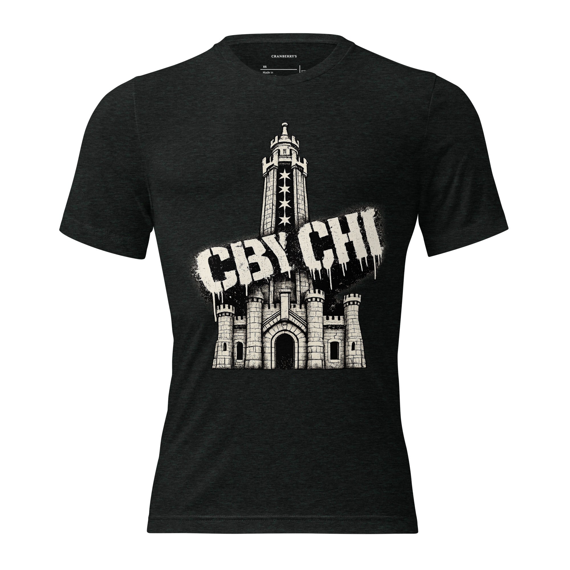 CBY CHI Chicago Water Tower tee in charcoal-black triblend, front view
