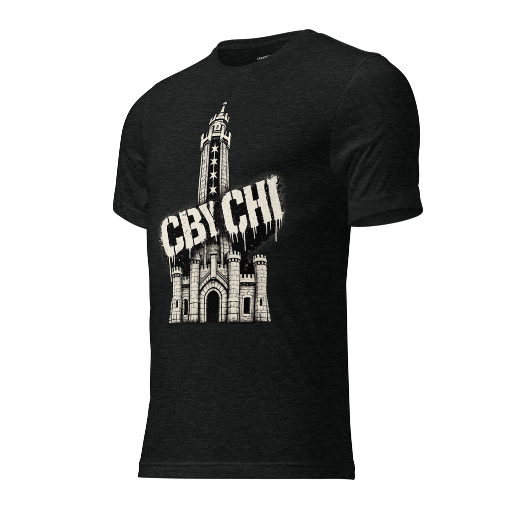 CBY CHI Chicago Water Tower tee in navy triblend, folded flat