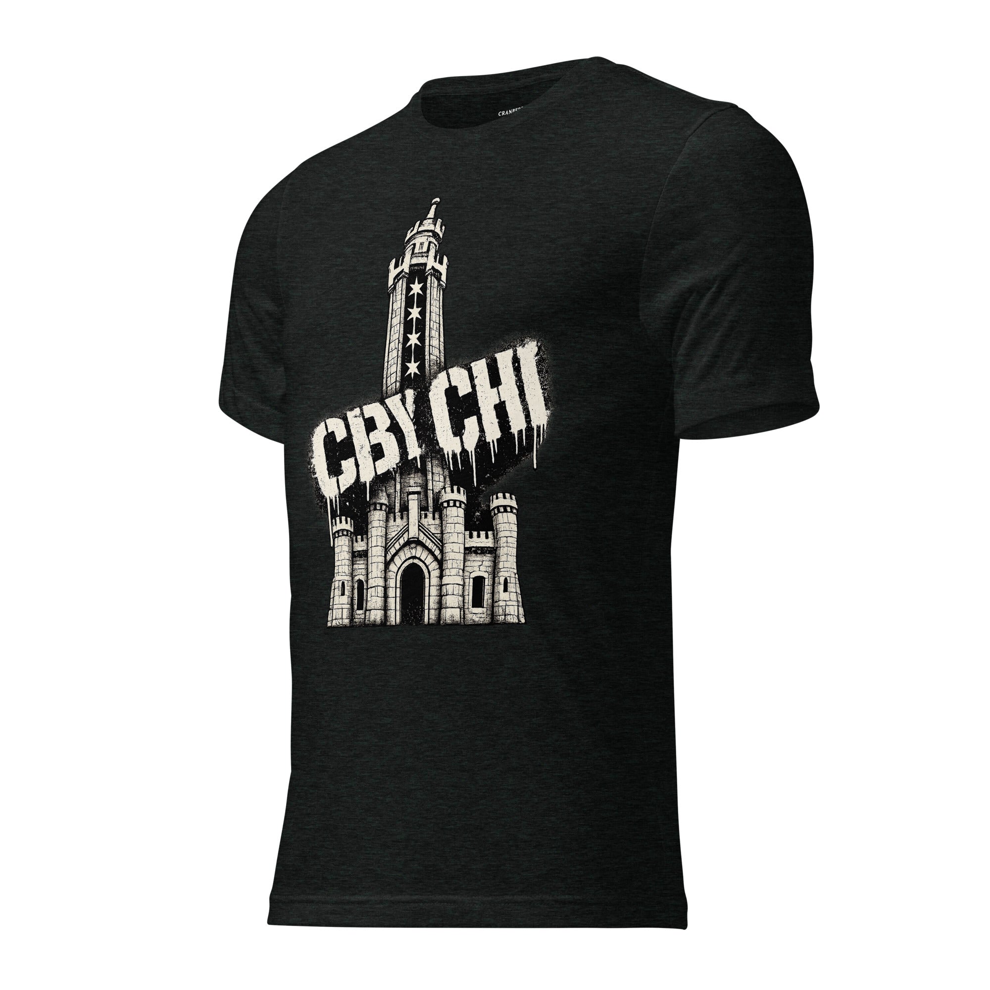 CBY CHI Chicago Water Tower tee in navy triblend, folded flat