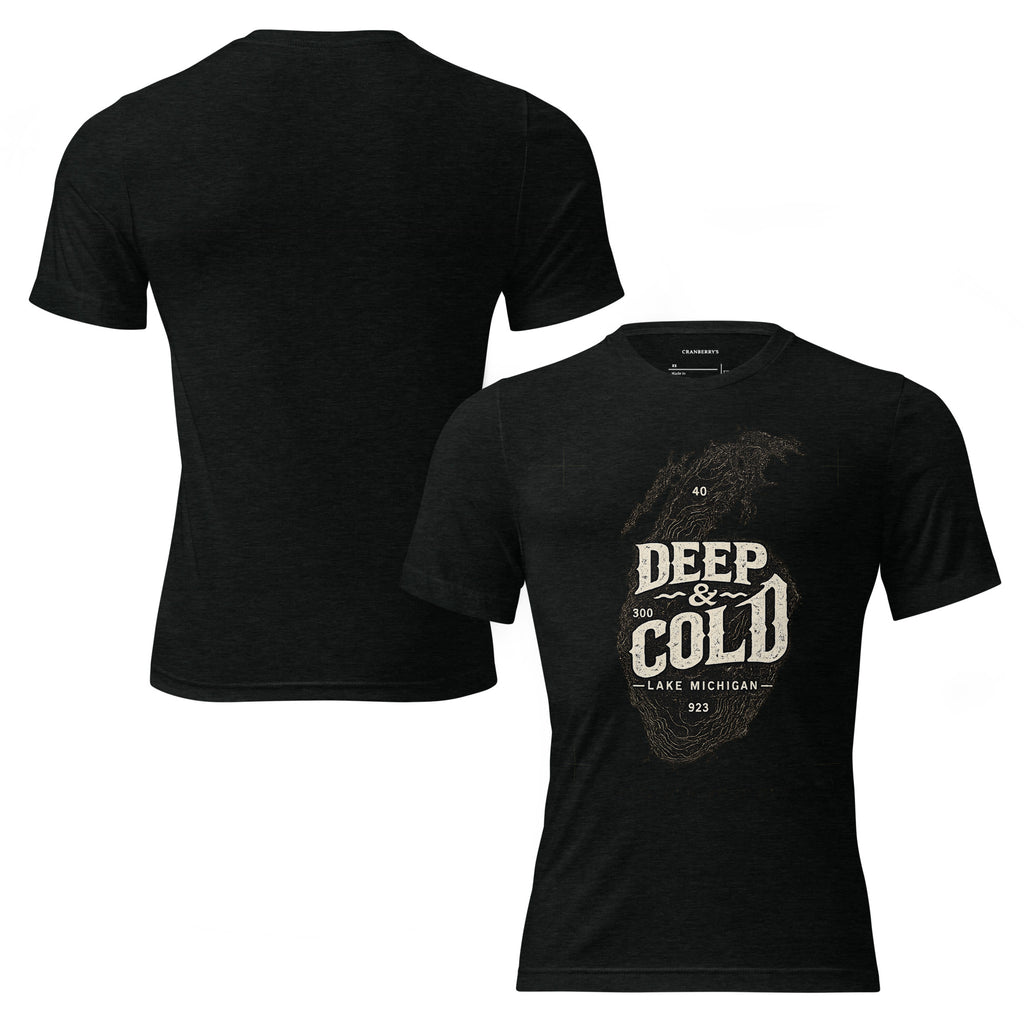 CBY Deep & Cold Lake Michigan tee in solid black triblend, front and back